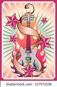 Guitar icon vector, Acoustic musical instrument with flame and stars background