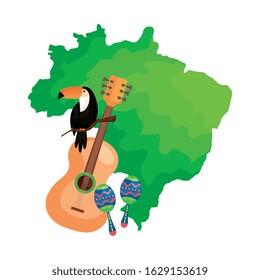 guitar and icons with map of brazil vector illustration design