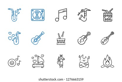 guitar icons set. Collection of guitar with bonfire, gramophone, romantic music, ukelele, drum, saxophone, drums, music. Editable and scalable guitar icons.