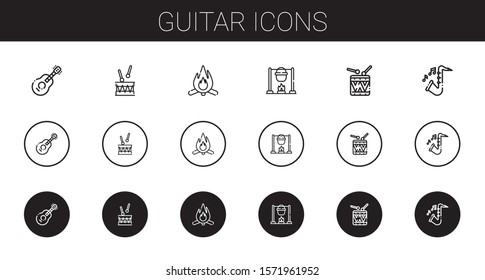 guitar icons set. Collection of guitar with drum, bonfire, drums, saxophone. Editable and scalable guitar icons.