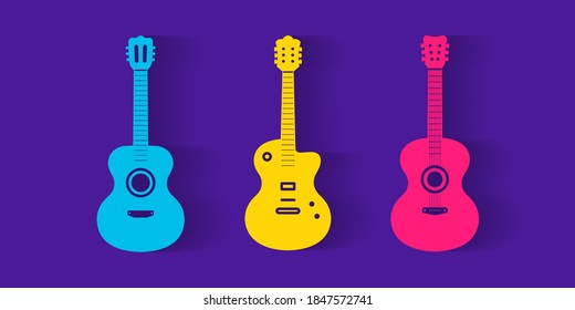 Guitar icons set in trendy colors flat design isolated. Vector illustration