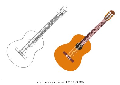 Guitar illustration linear and colored styles, isolated acoustic classic music instrument, simple detailed graphic