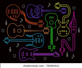 Guitar illustration in neon colors on a black background. 