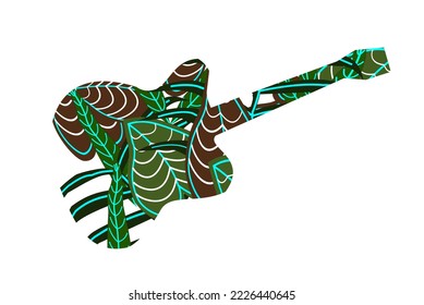 guitar illustration silhoute with green leafs becground,natural,music, nature sound,editable