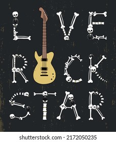Guitar and inscription LIVE ROCK STAR made of bones. Hand drawn flat vector illustration. Vector print for t-shirt graphics and other uses.