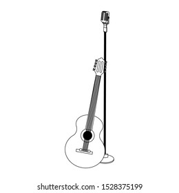 guitar instrument and microphone over white background, vector illustration