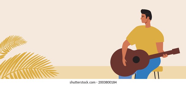 Guitar learning, copy space template. Flat vector stock illustration. Playing guitar. Musical instrument for design. Male musician guitarist. Illustration with place for text