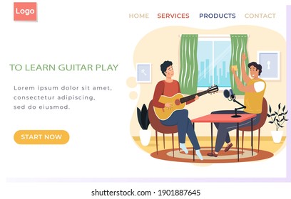 Sitio web de aprendizaje de guitarra. El hombre canta canciones en el micrófono y graba audio con su amigo. Hombre tocando instrumentos musicales. El personaje de dibujos animados crea música. El músico toca hilos en el instrumento