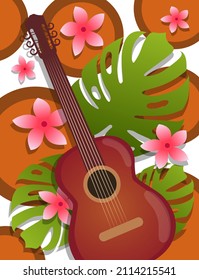Guitar, leaves and and flowers vector illustration. Hawaii concept. Music and melody. Tropical summer. Ukulele guitar. Brown acoustic guitar. Tropical leaves. Summer music. Hawaii symbol. 