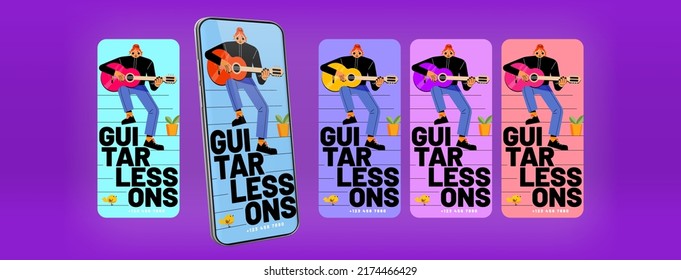 Guitar lessons banners for mobile phone screen. Vector advertising posters, social media template with flat illustration of girl teacher or student play music on acoustic guitar