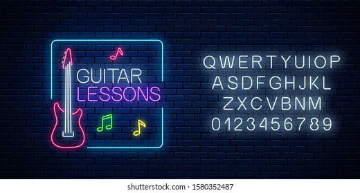 Guitar lessons glowing neon poster or banner template with alphabet. Guitar training advertising flyer in neon style on dark brick wall background. Vector illustration.