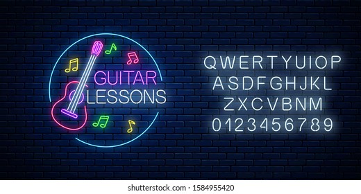 Guitar lessons glowing neon poster or banner template with alphabet. Guitar training advertising flyer with circle frame in neon style on dark brick wall background. Vector illustration.