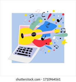Guitar lessons online. Advertising banner with a guitar in a laptop with abstract ornaments.