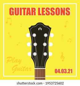 Guitar lessons vector poster. Guitar head editable illustration banner.