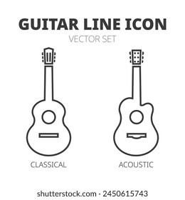 Guitar line icon set. Classical guitar and acoustic guitar outline icons vector illustration isolated on white background. Simple vector design icon for studio web, app, branding