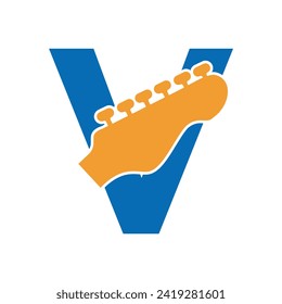Guitar Logo combine with letter V vector template