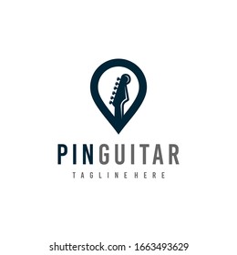 Guitar logo design template. Awesome guitar with location pin symbol logo. A pin guitar logotype.
