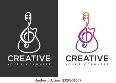 Guitar logo Design Vector Stock Illustration.combination microphone. Rock music festival logo