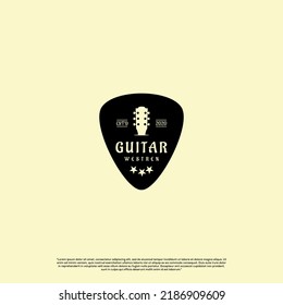 guitar logo design vintage classical, guitar neck in the pick  logo