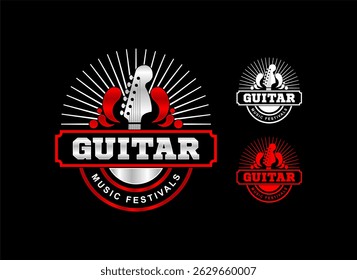 guitar logo emblem badge sticker silhouette vector illustration acoustic musical instrument, festival logo music shop, business isolated on background