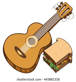 Guitar logo. Hiking, climbing, traveling color illustration.