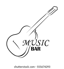 Guitar logo and inscription music bar. Hand drawing music logo. Vector illustration silhouette of guitar. Music bar icon.