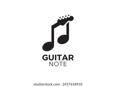 Gitarre mit Logo Noten. Musikstudio und Musikinstrumente Symbol Vektorgrafik Design