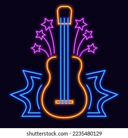 Guitar logo for night club or festival, isolated neon board with string instrument. Rock n roll, stars and shining lines and decoration. Label or sticker, logotype or sign. Vector in flat style