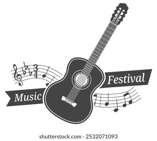 Logotipo de guitarra con notas y cinta para su evento. Vector emblema del festival de música. Cartel de concierto Acústica o Plantilla de Anuncio. Logotipo de guitarra que promueve un festival de música, concierto u otros eventos musicales. 