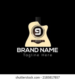 Guitar Logo On Letter 9 Template. Guitar Icon On 9 Letter, Initial Music Sign Concept