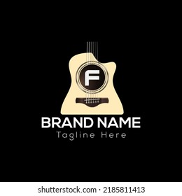 Guitar Logo On Letter F Template. Guitar Icon On F Letter, Initial Music Sign Concept