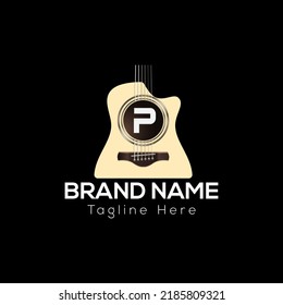 Guitar Logo On Letter P Template. Guitar Icon On P Letter, Initial Music Sign Concept