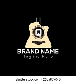 Guitar Logo On Letter Q Template. Guitar Icon On Q Letter, Initial Music Sign Concept