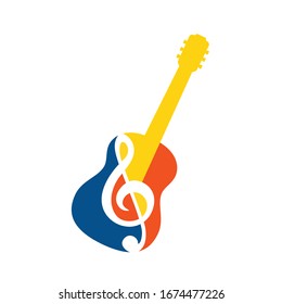 Guitar logo with Treble Clef. Colorful design. Vector illustration