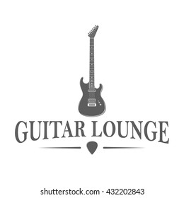 Guitar lounge logotype on white background. Badge template for music shop window signage or advertising. Vector illustration in monochrome style.