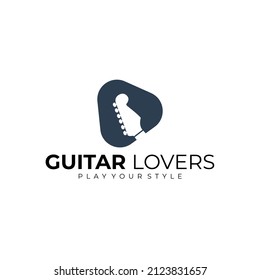 Guitar lovers logo design inspiration. Headstock with guitar pick logo template. Vector Illustration