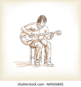 Guitar man free hand drawing, vector illustration 