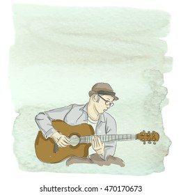 Guitar man free hand drawing and watercolor background, vector illustration 