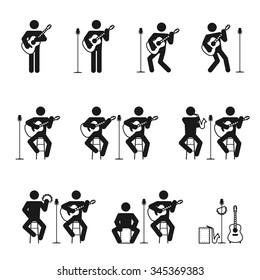 Guitar man icons set with cajon tambourine and saxophone illustration pictogram black color isolated on white background