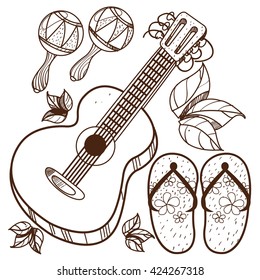 Guitar, maracas, beach flip flops. Outline drawing of a summer theme.