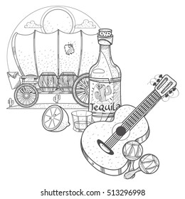 Guitar, maracas. Cow skull on a wheel. Illustrations coloring of a summer theme.
