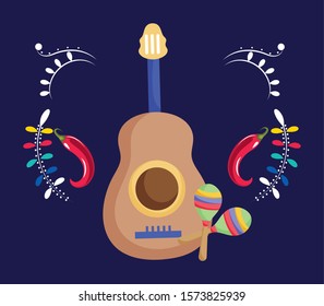 guitar and maracas flowers mexico traditional event decoration card vector illustration
