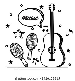 guitar with maracas instrument and starswith chat bubble