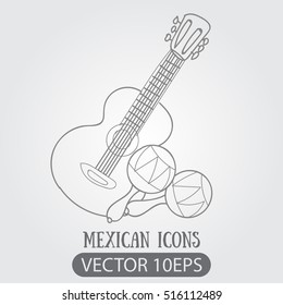 Guitar, maracas isolated outline drawing for coloring.