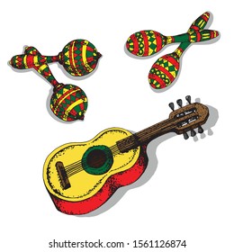 Guitar and Maracas. National mexican musical instruments. Hand-drawn on paper. Design element for magazines, banners, posters.