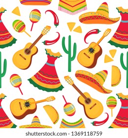 Guitar, maracas, poncho, cactus, chili, sombrero, taco, nachos. Mexican traditional musical instruments, national apparel and local food seamless pattern. Cinco de Mayo. 5th of May.