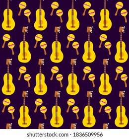Guitar Maracas Seamless Pattern. Vector Illustration of Mexican Music Background.