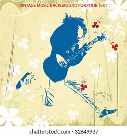 Guitar master jumping and playing rock. Vintage vector background