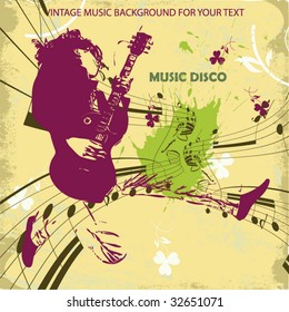 Guitar master jumping and playing rock. Vintage vector background