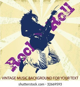 Guitar master jumping and playing rock. Vintage vector background